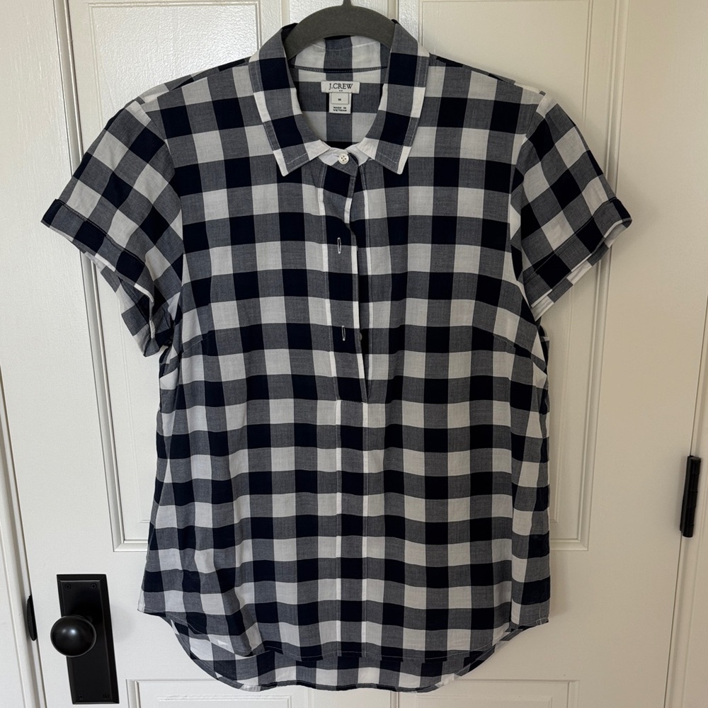 J. Crew Navy and White Gingham Pop Over Camp Shirt